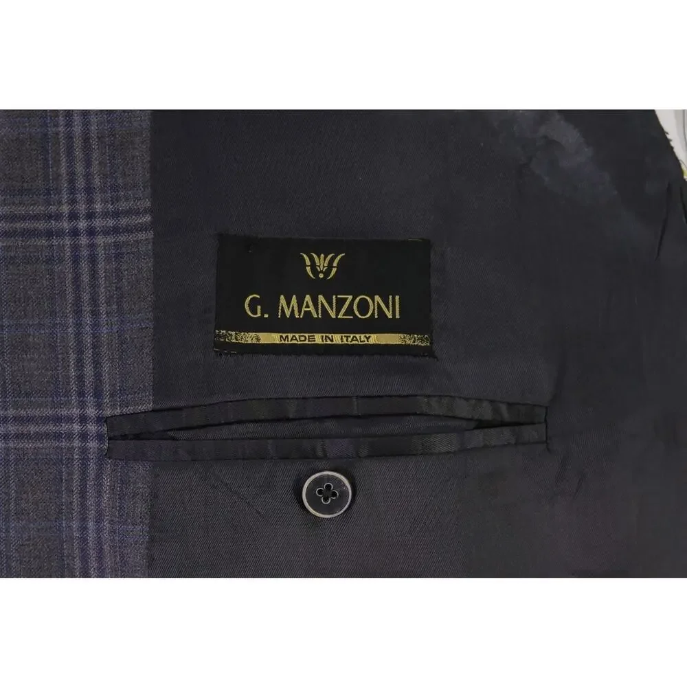 G. Manzoni Gray Blue Windowpane Super 130's Wool Sportcoat Blazer 46R